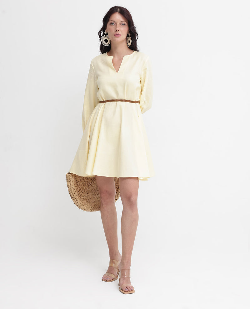 Rareism Women'S Tirday Yellow Cotton Fabric Regular Sleeves Key Hole Neck Solid Regular Length Dress