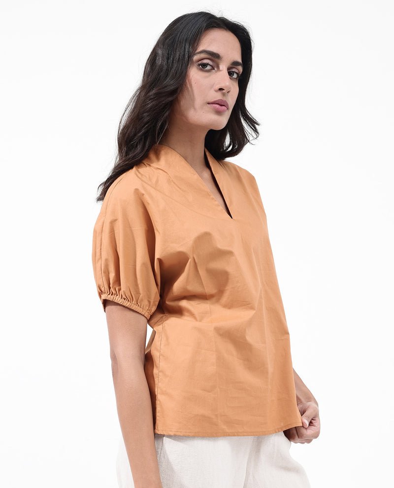Rareism Women'S Titan Light Tan Cotton Fabric Halfsleeves V-Neck Solid Regular Fit Top