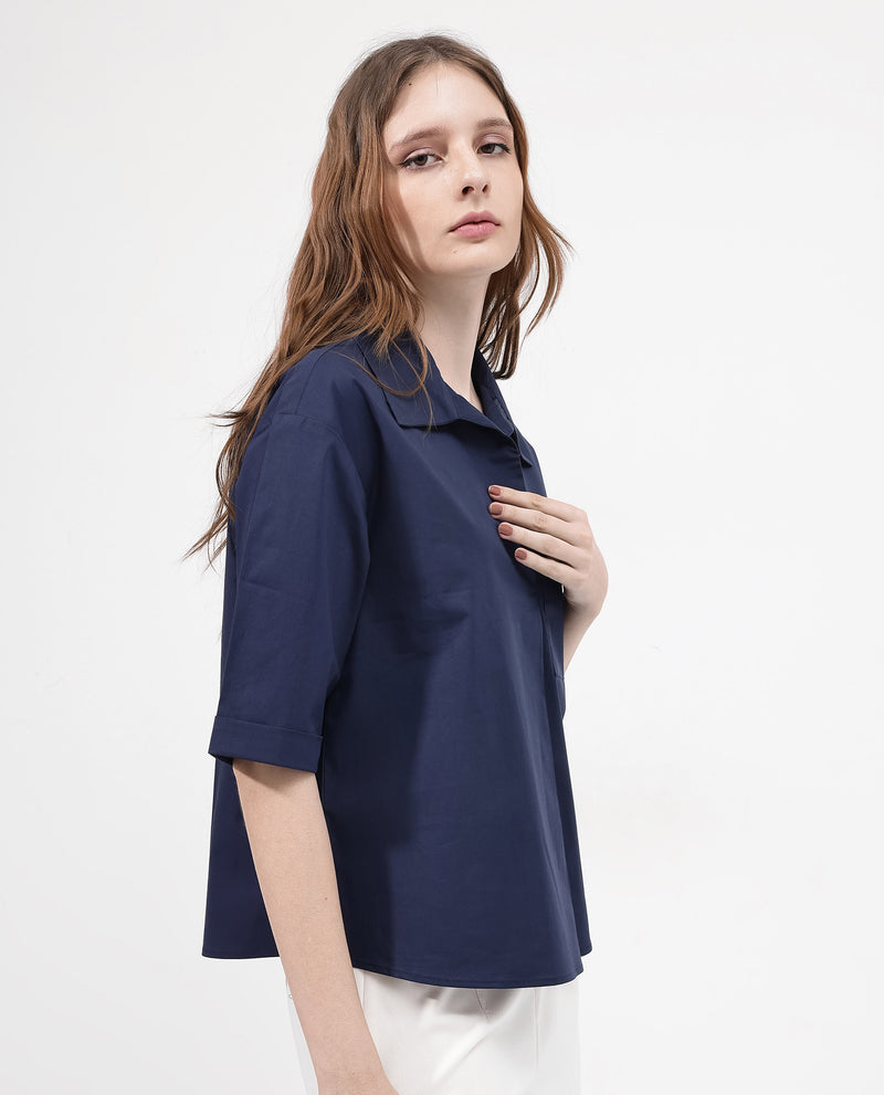 Rareism Women'S Toefil Dark Navy Cotton Fabric Collared Neck Solid Regular Fit Shirt