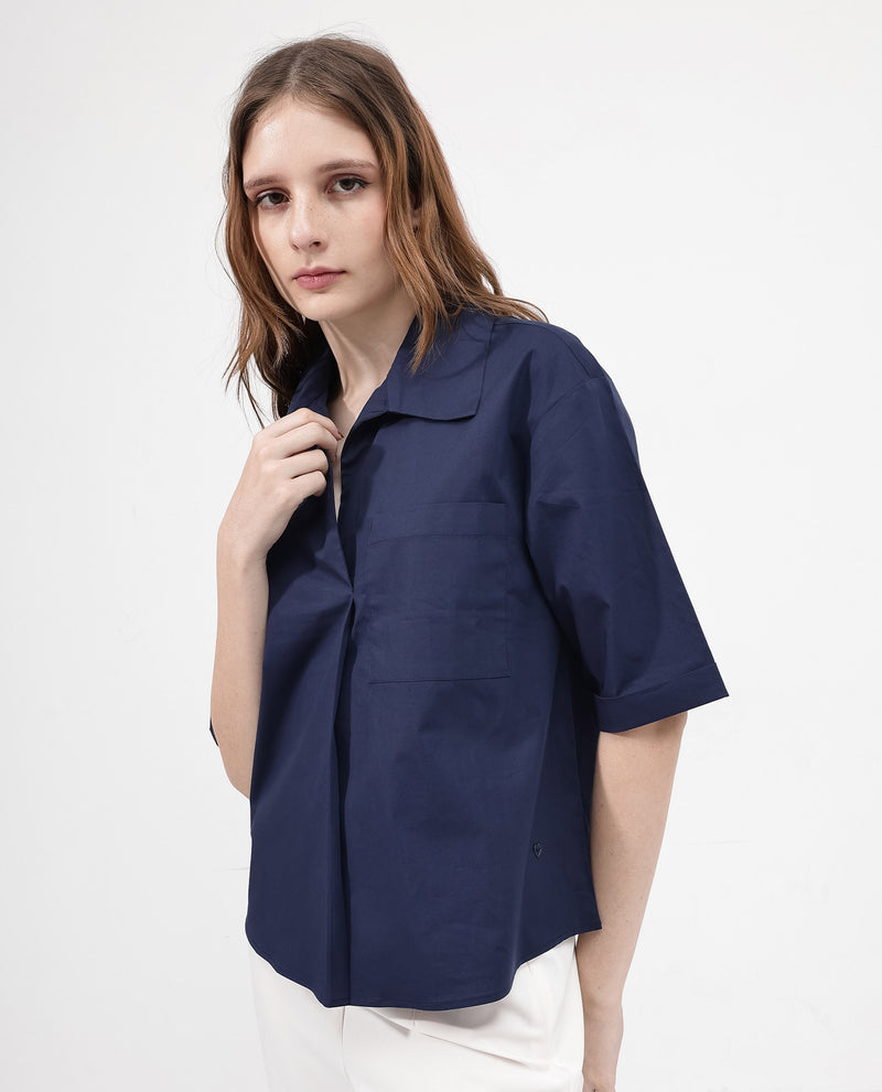Rareism Women'S Toefil Dark Navy Cotton Fabric Collared Neck Solid Regular Fit Shirt