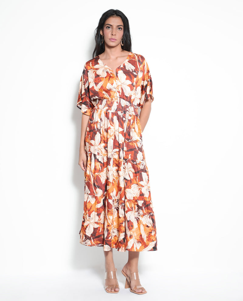 Rareism Women'S Toluca Light Brown Bell Sleeves V-Neck Tiered Floral Print Maxi Dress