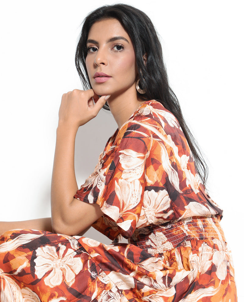 Rareism Women'S Toluca Light Brown Bell Sleeves V-Neck Tiered Floral Print Maxi Dress