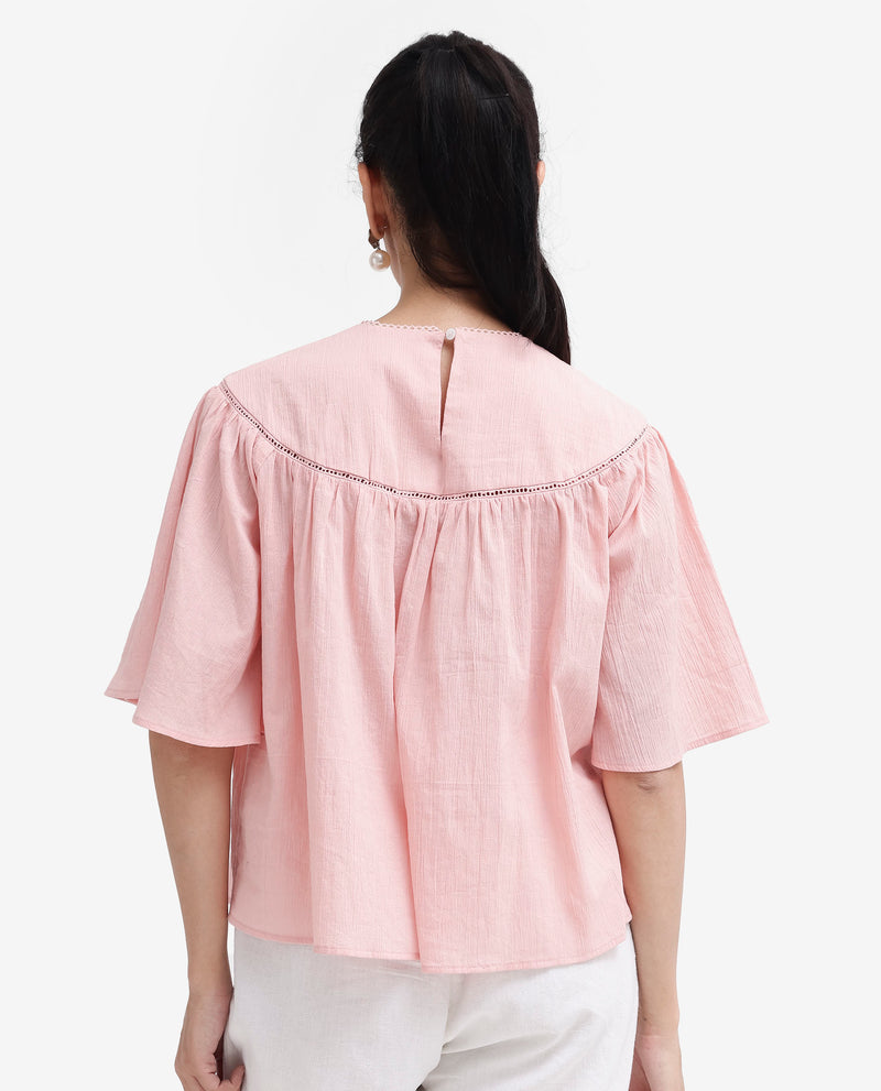 Rareism Women'S Tonala Light Pink Button Closure Raglan Sleeves Crew Neck Relaxed Fit Plain Top
