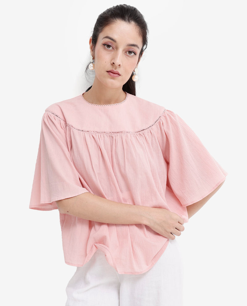 Rareism Women'S Tonala Light Pink Button Closure Raglan Sleeves Crew Neck Relaxed Fit Plain Top