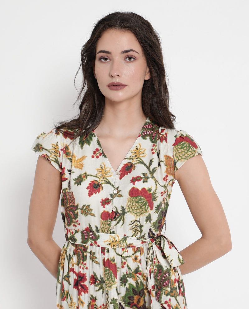 Rareism Women's Tosa Multi Cap Sleeves V-Neck Button Closure Fit And Flare Midi Floral Print Dress