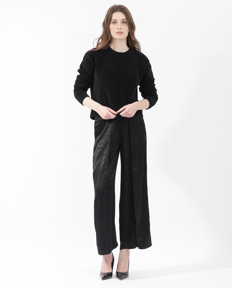 Rareism Women's Tosti Black Cotton Fabric Full Sleeves Round Neck Regular Fit Plain Sweater