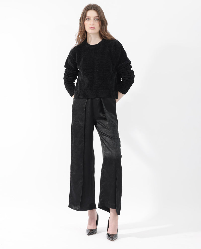 Rareism Women'S Tosti Black Cotton Fabric Full Sleeves Round Neck Regular Fit Plain Sweater