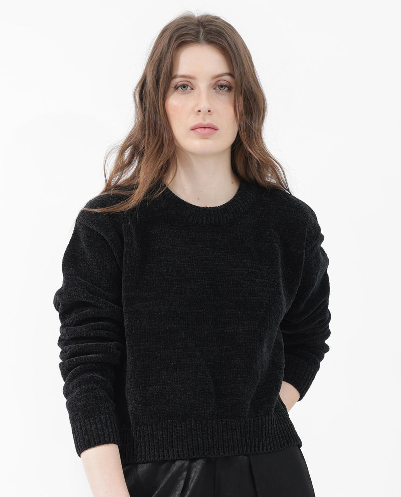 Rareism Women's Tosti Black Cotton Fabric Full Sleeves Round Neck Regular Fit Plain Sweater