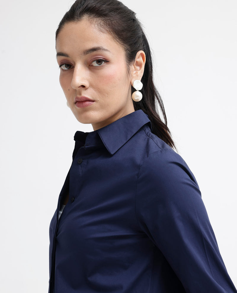 Rareism Women'S Tottori Dark Blue Cotton Fabric Full Sleeve Collared Neck   Solid Shirt