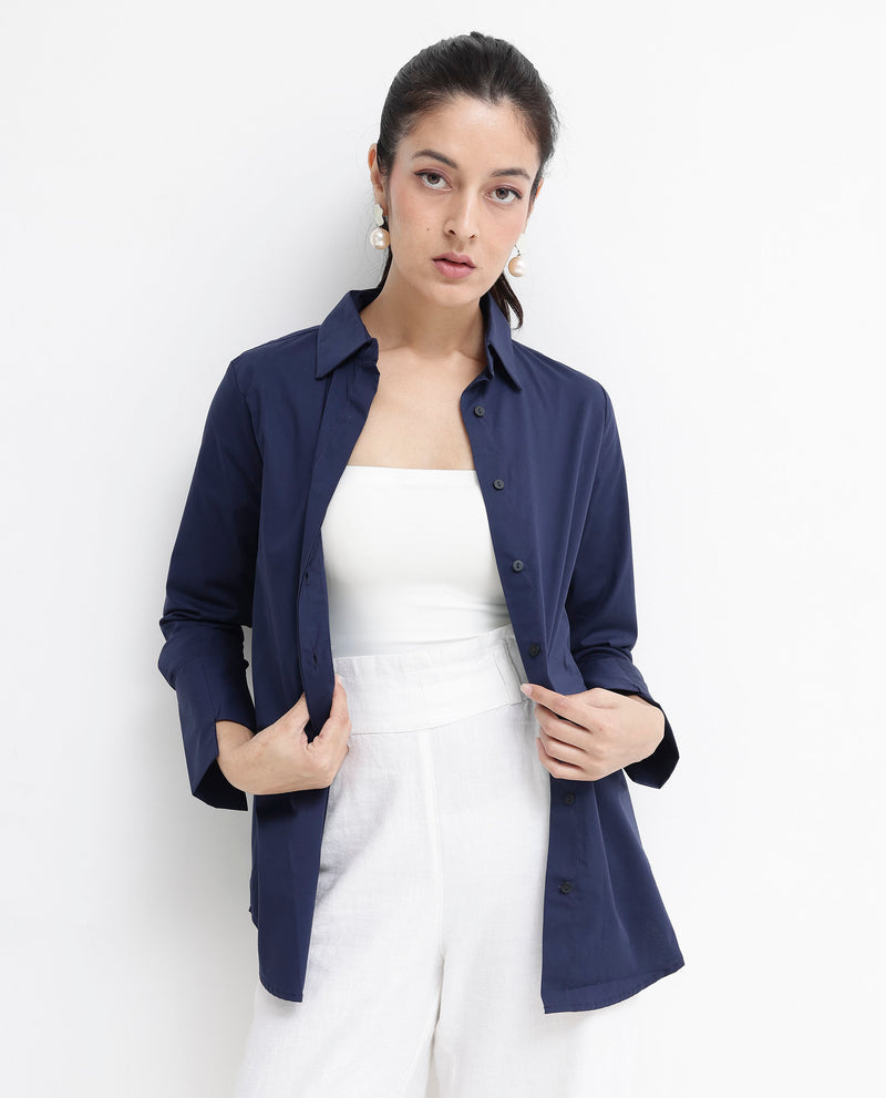 Rareism Women'S Tottori Dark Blue Cotton Fabric Full Sleeve Collared Neck   Solid Shirt