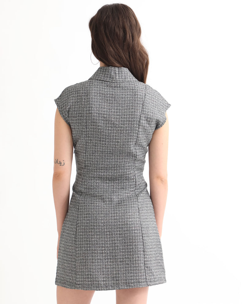 Rareism Women's Trafaluc Black Check Print Lapel Collar Extended Short Sleeves Overlap With Buttons Mini Dress