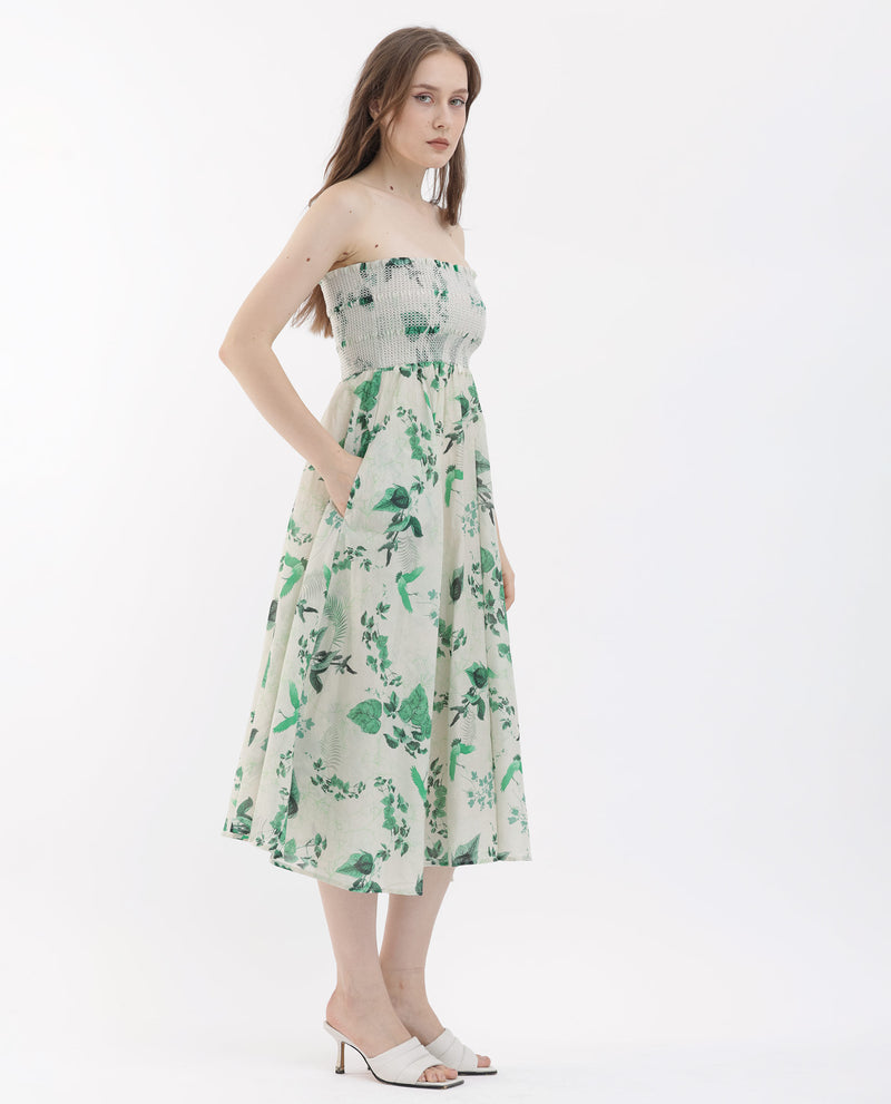 Rareism Women's Troke Off White Cotton Fabric Sleeveless Shoulder Straps Fit And Flare Floral Print Midi Dress