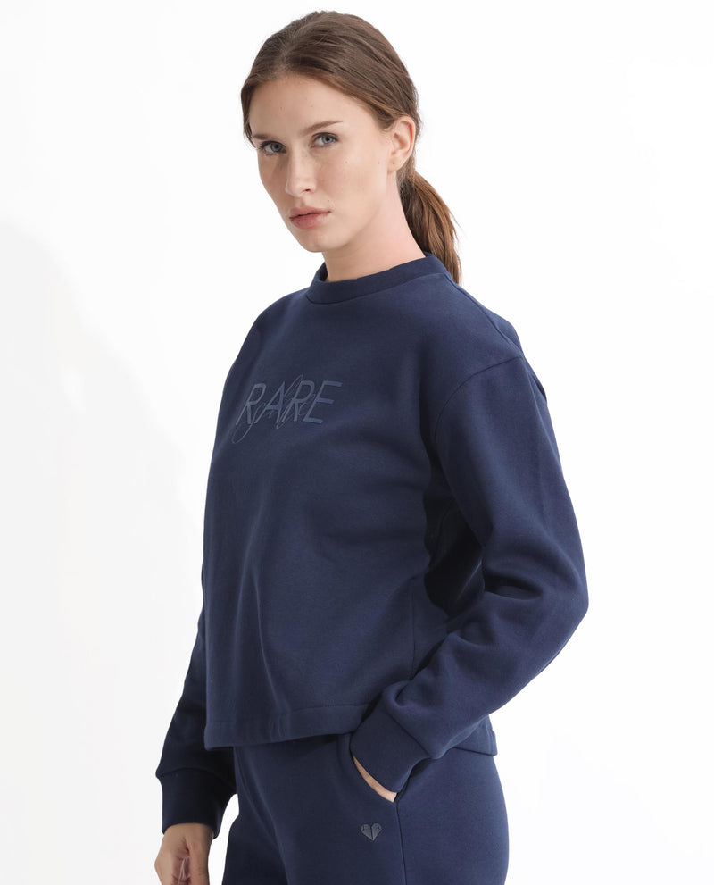 Rareism Women'S Tuppen Navy Poly Cotton Fabric Relaxed Fit Full Sleeves Print Round Neck Sweatshirt