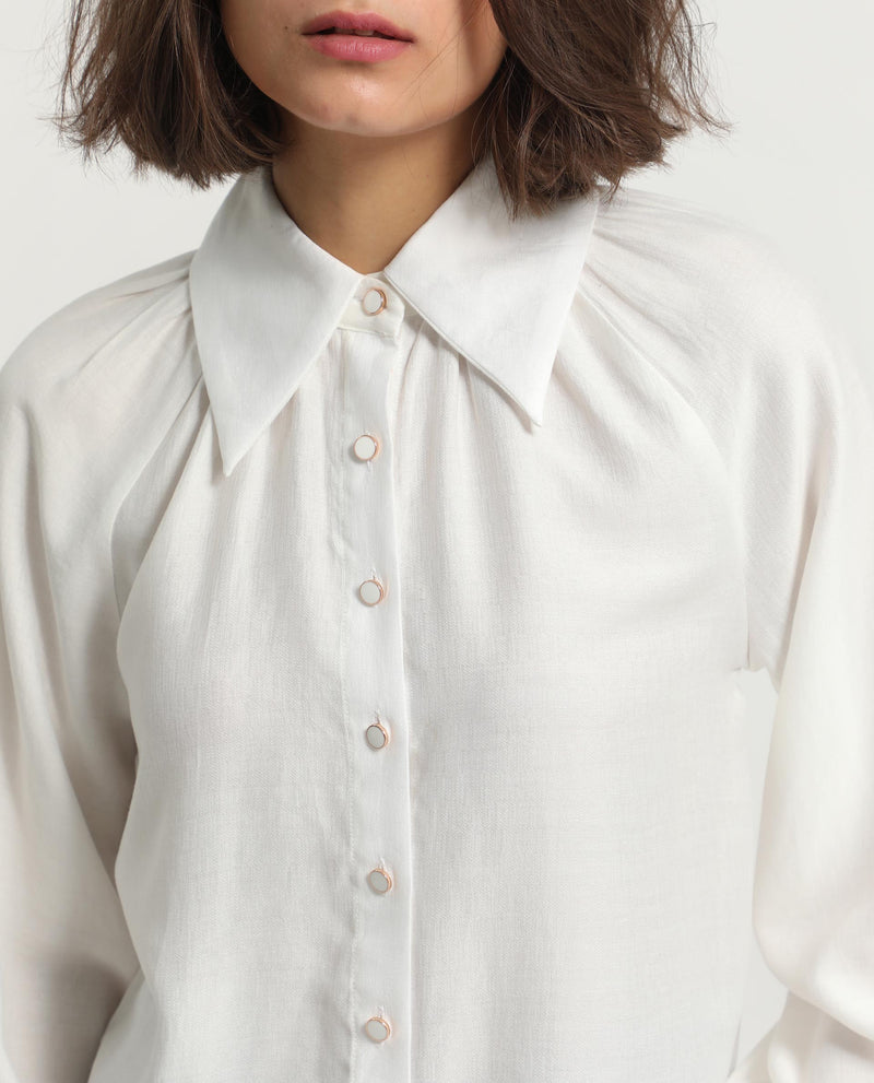 Rareism Women's Ugans White Polyester Fabric Relaxed Fit Shirt Collar Full Sleeves Solid Top