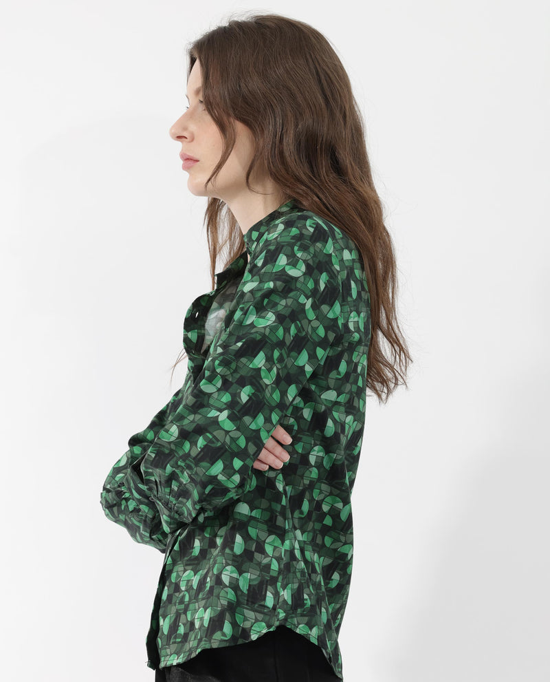 Rareism Women's Unio Dark Green Polyester Fabric Full Sleeves Button Closure Shirt Collar Regular Fit Geometric Print Shirt