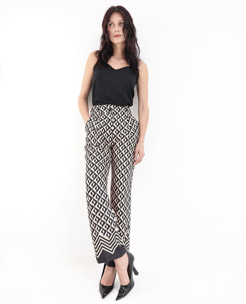 Rareism Women'S Urapan Black Straight Fit Geometric Print Ankle Length Trouser