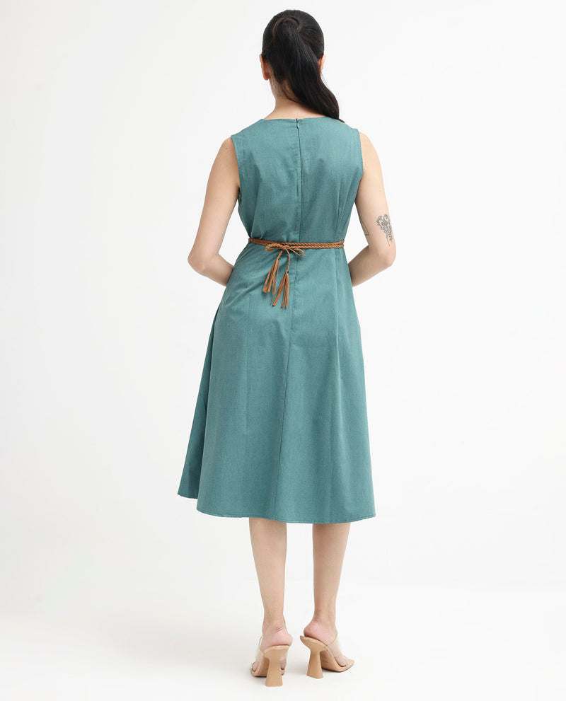 Rareism Women'S Valmode Green Zipper Closure Sleeveless Over Lap Neck Fit And Flare Plain Midi Dress