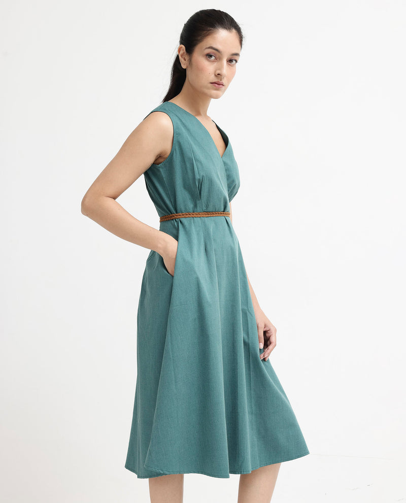 Rareism Women'S Valmode Green Zipper Closure Sleeveless Over Lap Neck Fit And Flare Plain Midi Dress