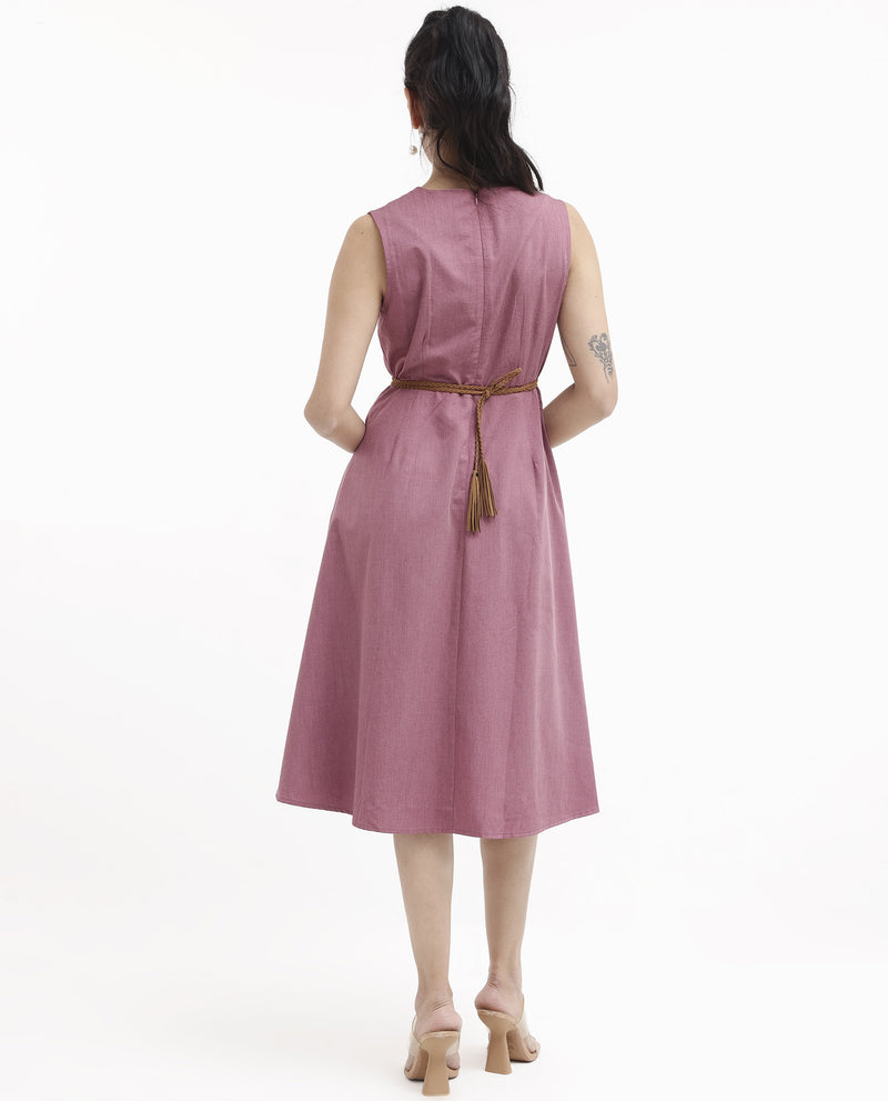 Rareism Women'S Valmode Dusky Pink Zipper Closure Sleeveless Over Lap Neck Fit And Flare Plain Midi Dress