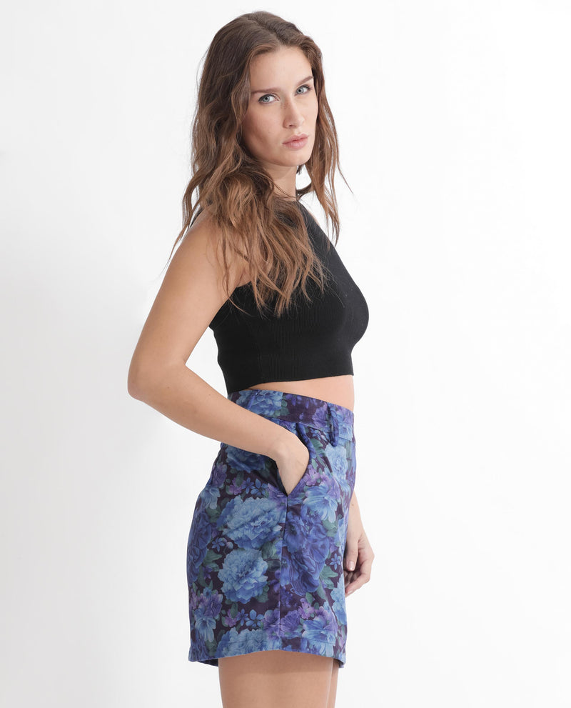 Rareism Women'S Velsko Black Velvet Fabric Zip Closure Slim Fit Floral Print Mini Skirt