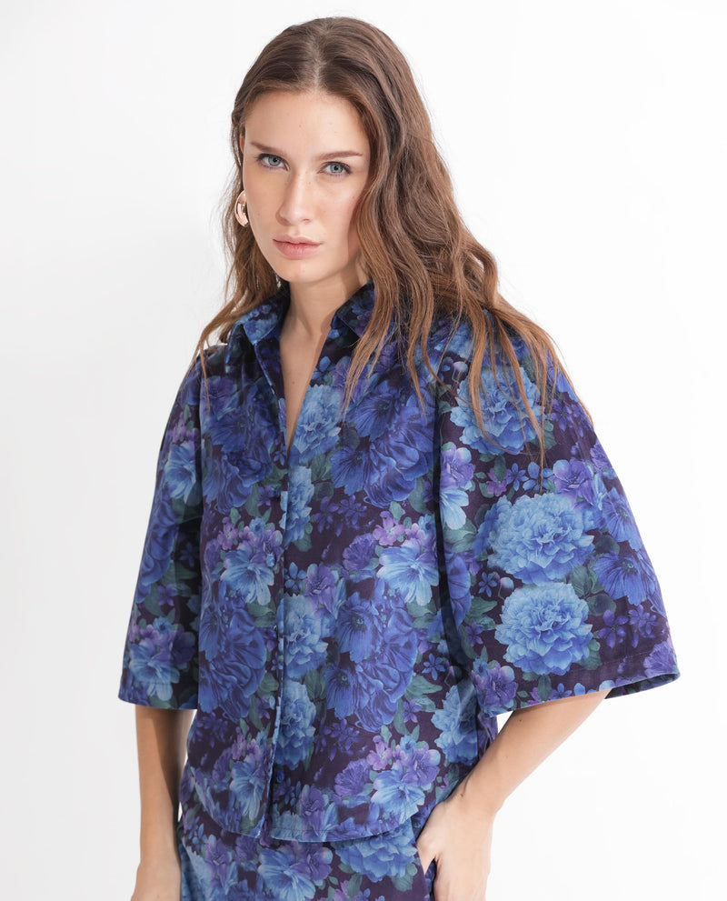 Rareism Women'S Velto Black Velvet Fabric Short Sleeves Button Closure Shirt Collar Boxy Fit Floral Print Top