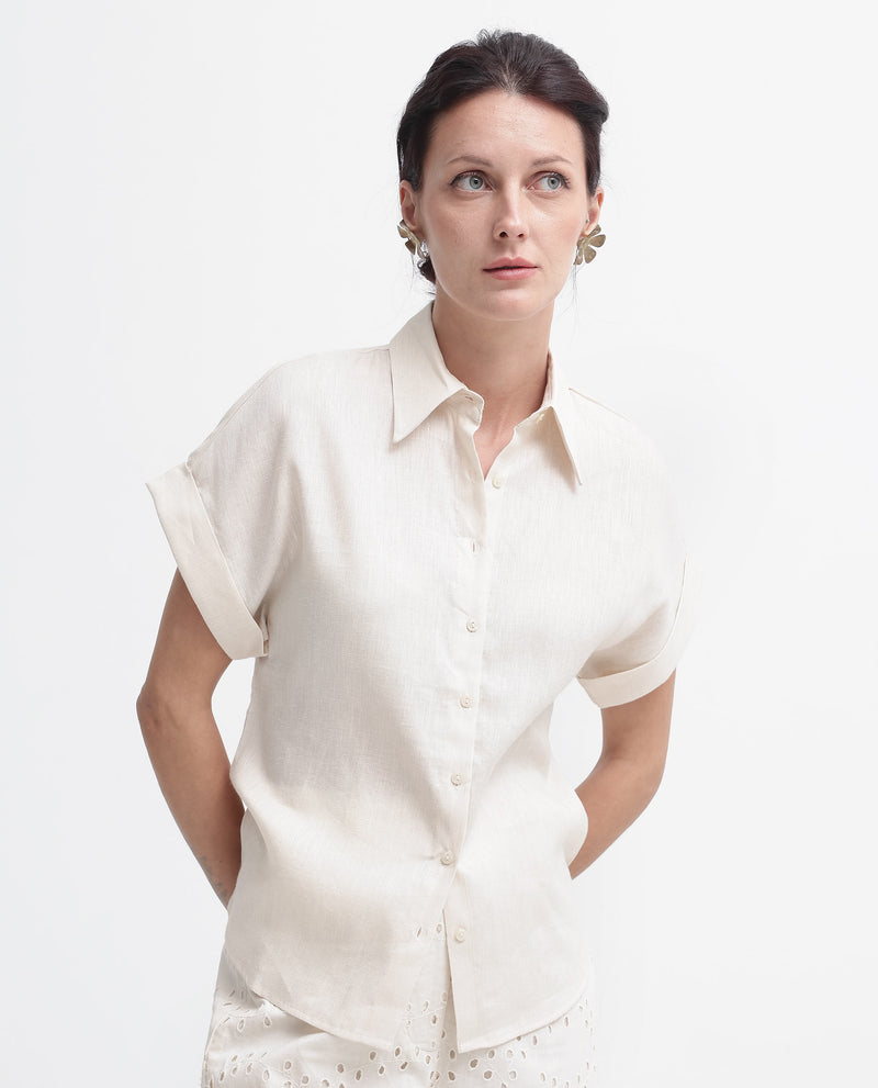 Rareism Women'S Venezuela Beige Cotton Linen Fabric Collared Neck Solid Boxy Fit Shirt