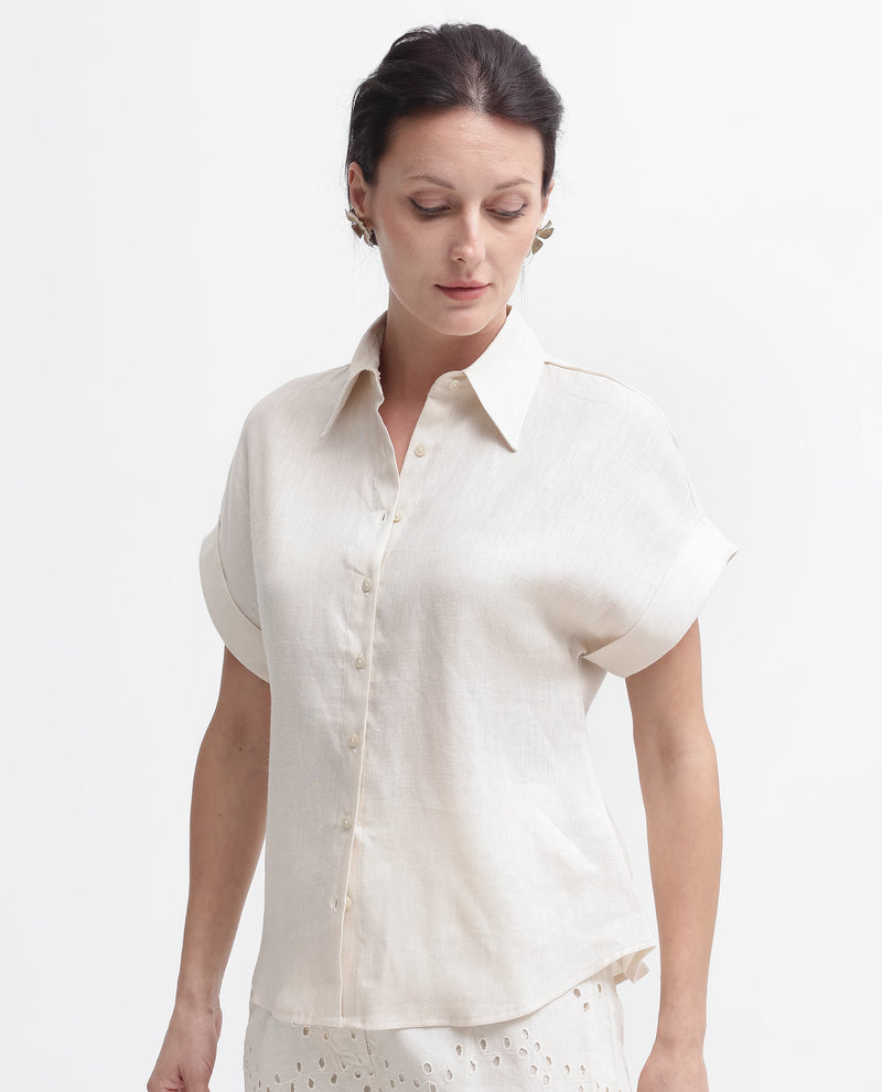 Rareism Women'S Venezuela Beige Cotton Linen Fabric Collared Neck Solid Boxy Fit Shirt