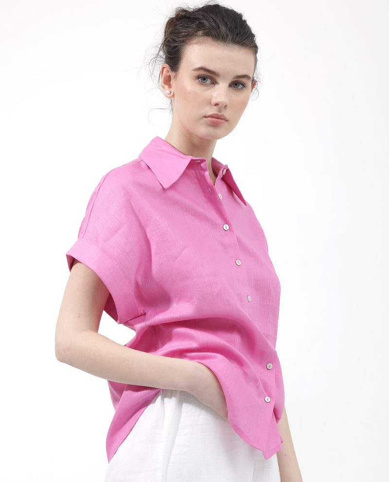 Rareism Women'S Venezuela Light Pink Cotton Linen Fabric Collared Neck Solid Boxy Fit Shirt