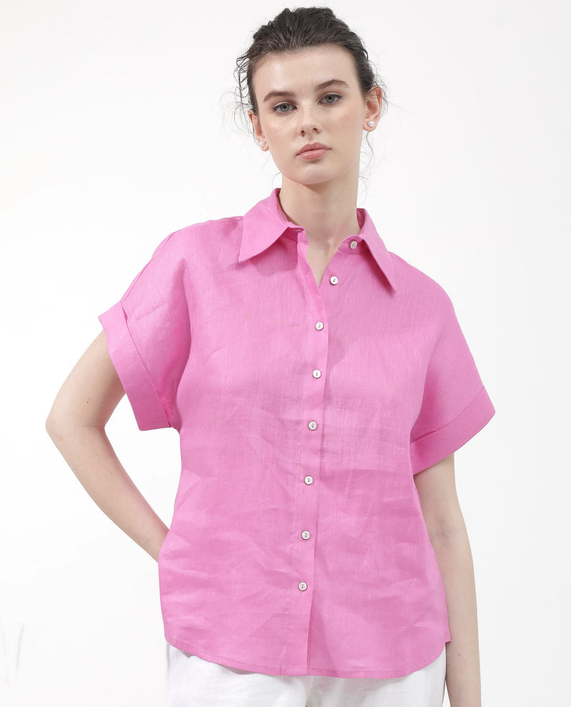 Rareism Women'S Venezuela Light Pink Cotton Linen Fabric Collared Neck Solid Boxy Fit Shirt