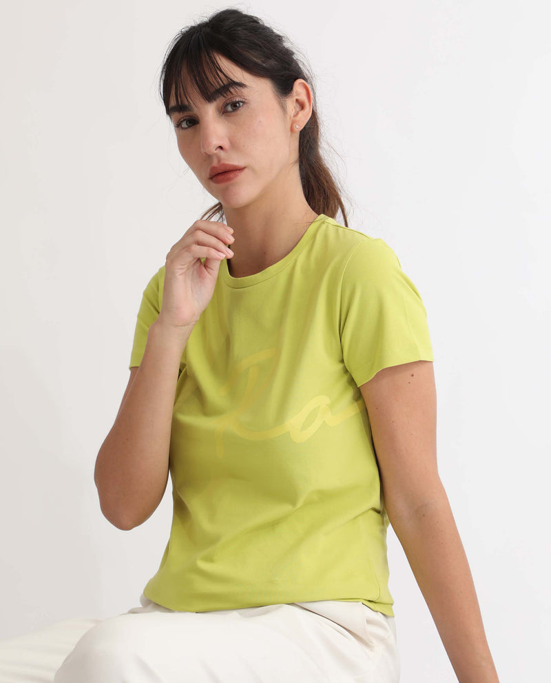 Rareism Women's Vivian Flouroscent Green  Regular Fit Half Sleeves Solid Crew Neck T-Shirt