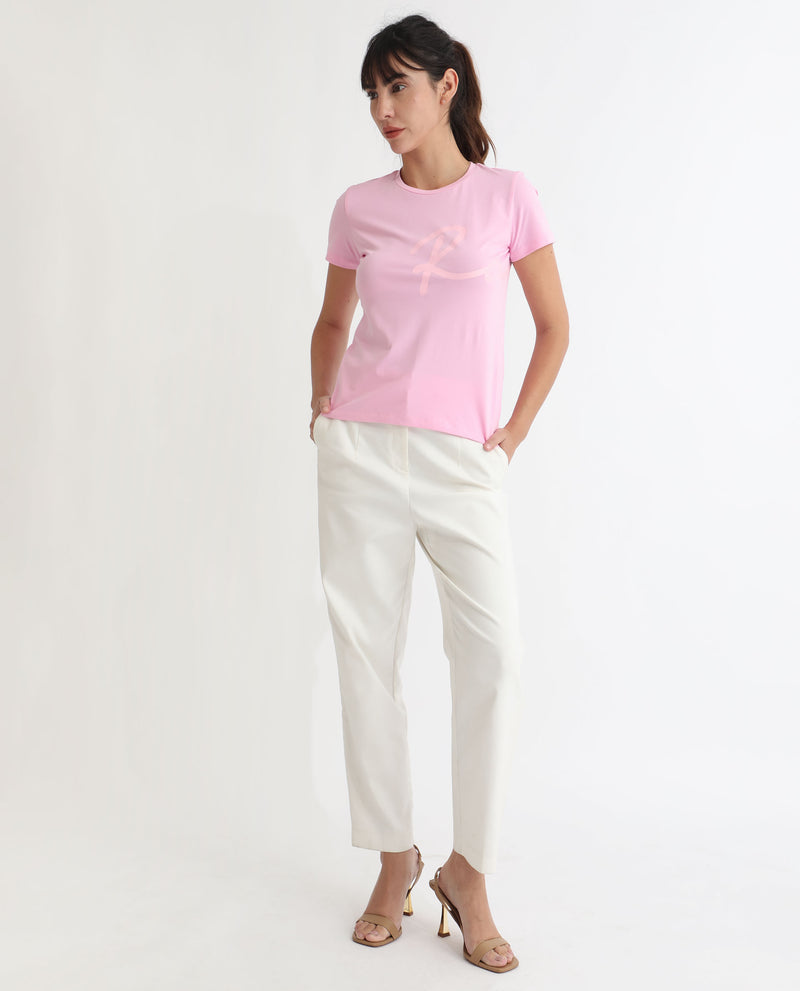 Rareism Women's Vivian Pink Cotton Fabric Short Sleeves Crew Neck Regular Fit Graphic Print T-Shirt