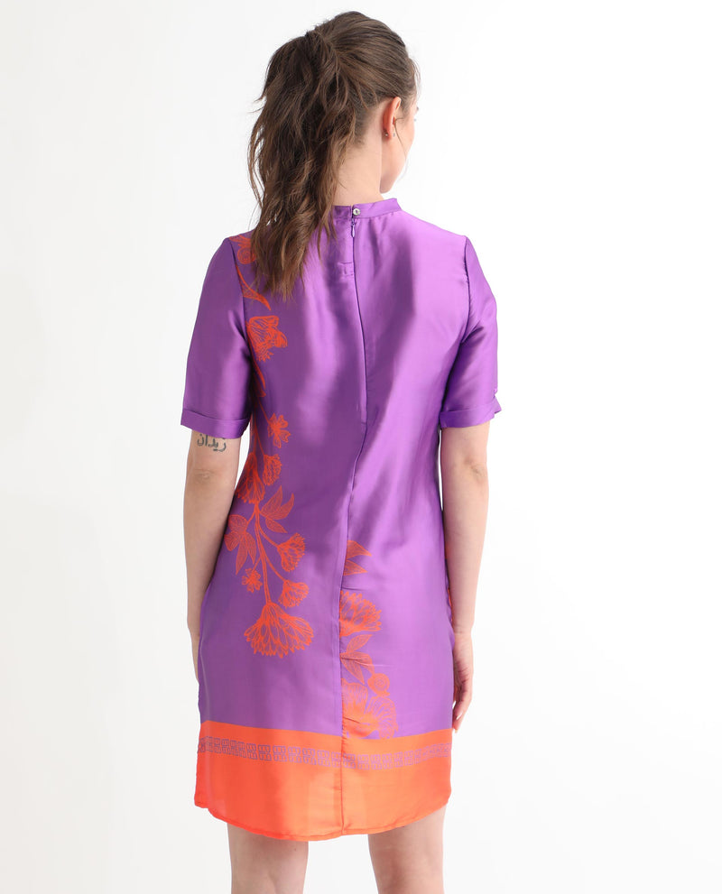 Rareism Women's Walker Purple Polyester Fabric Short Sleeves Zip Closure High Neck Regular Fit Floral Print Short Boxy Dress