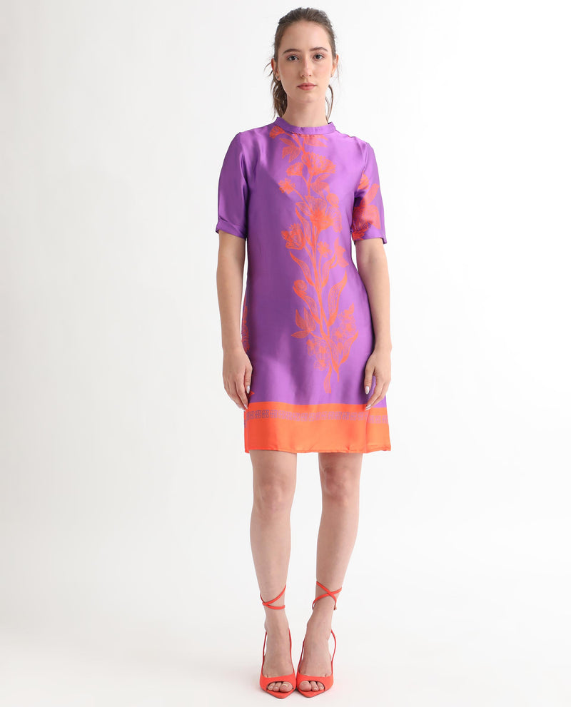 Rareism Women's Walker Purple Polyester Fabric Short Sleeves Zip Closure High Neck Regular Fit Floral Print Short Boxy Dress