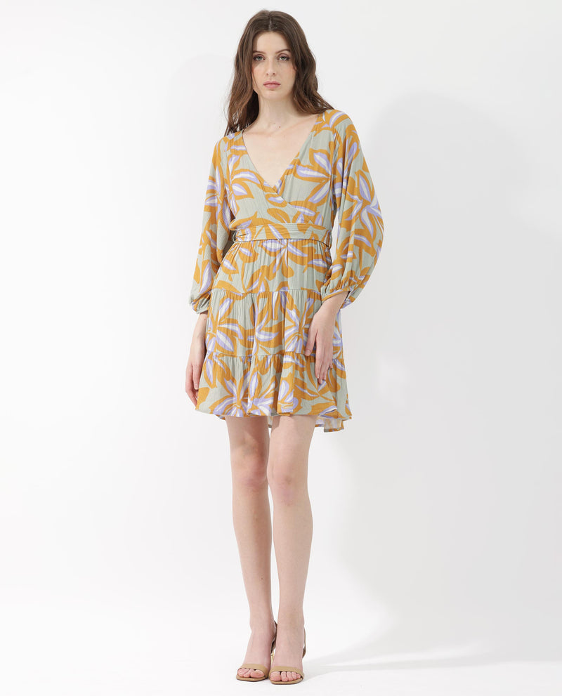 Rareism Women's Walter Light Multi Cotton Fabric 3/4Th Sleeves Over Lap Raglan Sleeve Regular Fit Abstract Print Knee Length Dress