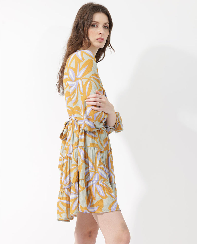 Rareism Women's Walter Light Multi Cotton Fabric 3/4Th Sleeves Over Lap Raglan Sleeve Regular Fit Abstract Print Knee Length Dress