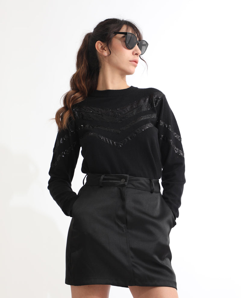 Rareism Women'S Warher Black Polyester Fabric Button Closure Regular Fit Plain Mini Skirt