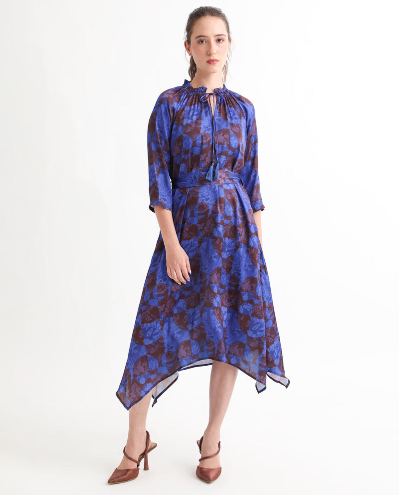 Rareism Women's Watson Brown Polyester Fabric 3/4Th Sleeves Drawstring Closure Tie-Up Neck Regular Fit Floral Print Knee Length Asymmetric Dress