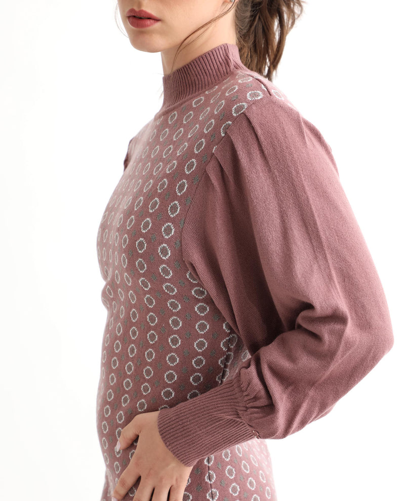 Rareism Women's Web Pink Acrylic Fabric Full Sleeves Knee Length Regular Fit Geometric Print High Neck Sweater