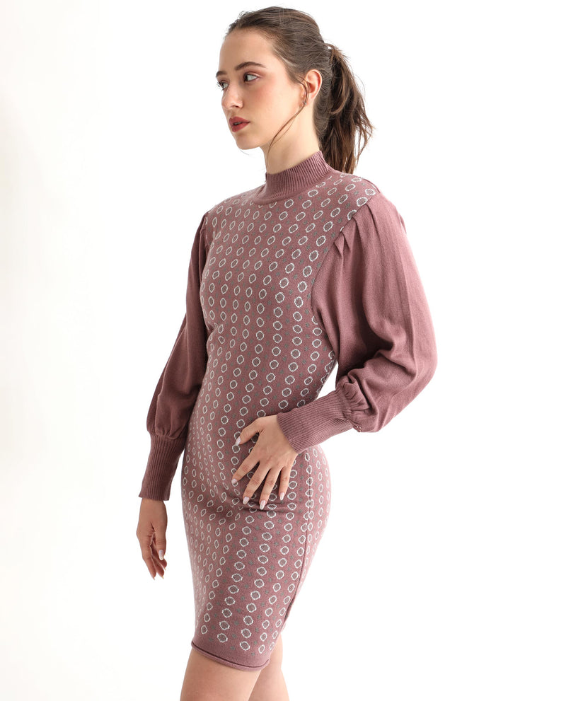 Rareism Women's Web Pink Acrylic Fabric Full Sleeves Knee Length Regular Fit Geometric Print High Neck Sweater