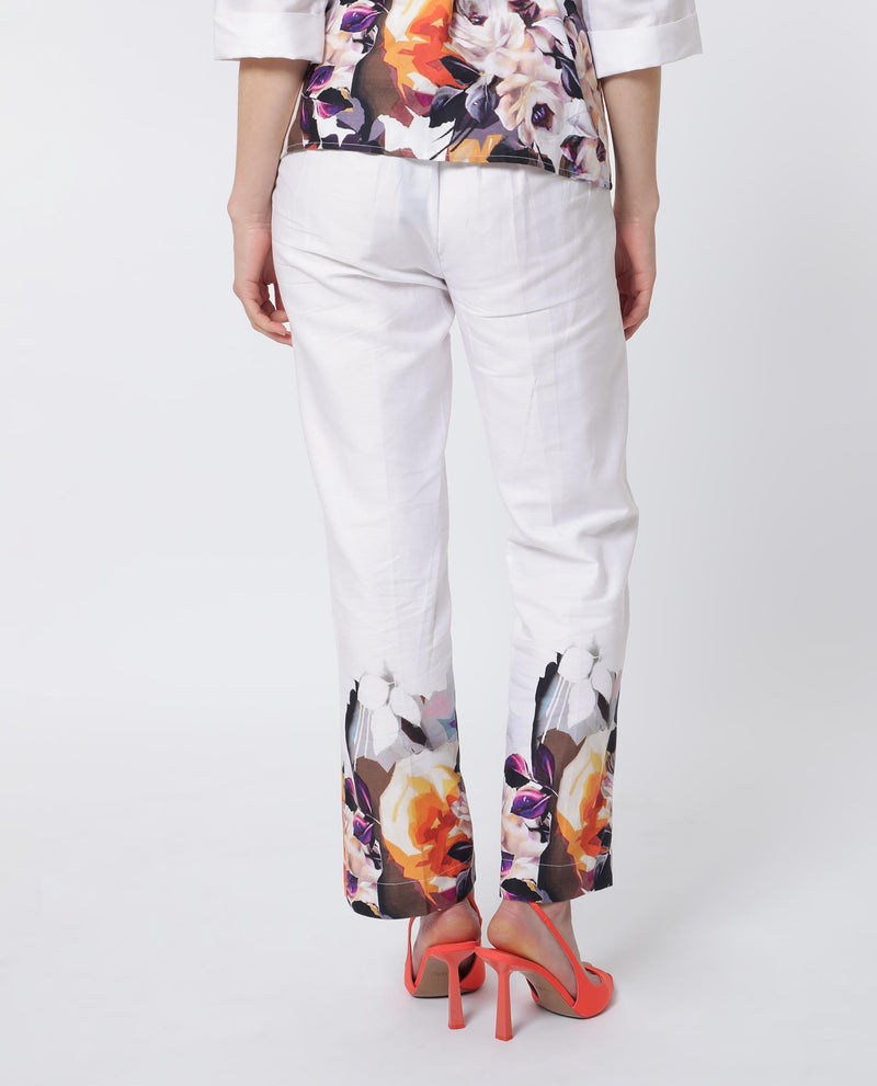 Rareism Women's Weigen White Cotton Fabric Relaxed Fit Floral Print Ankle Length Trousers