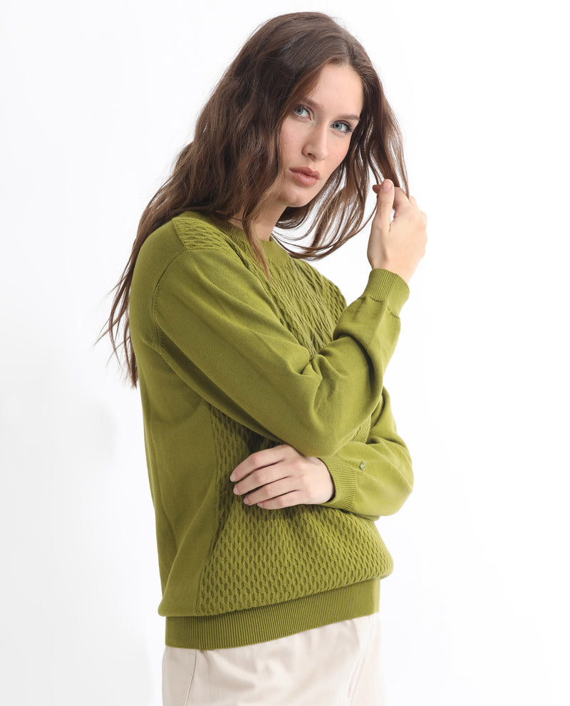 RAREISM WOMEN'S WHITTALL OLIVE SWEATER FULL SLEEVE ROUND NECK SOLID