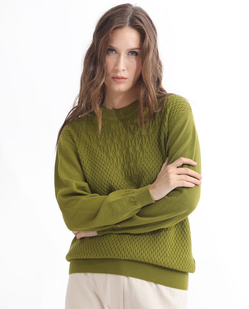 Rareism Women'S Whittall Olive Cotton Fabric Full Sleeves Relaxed Fit Solid High Neck Sweater
