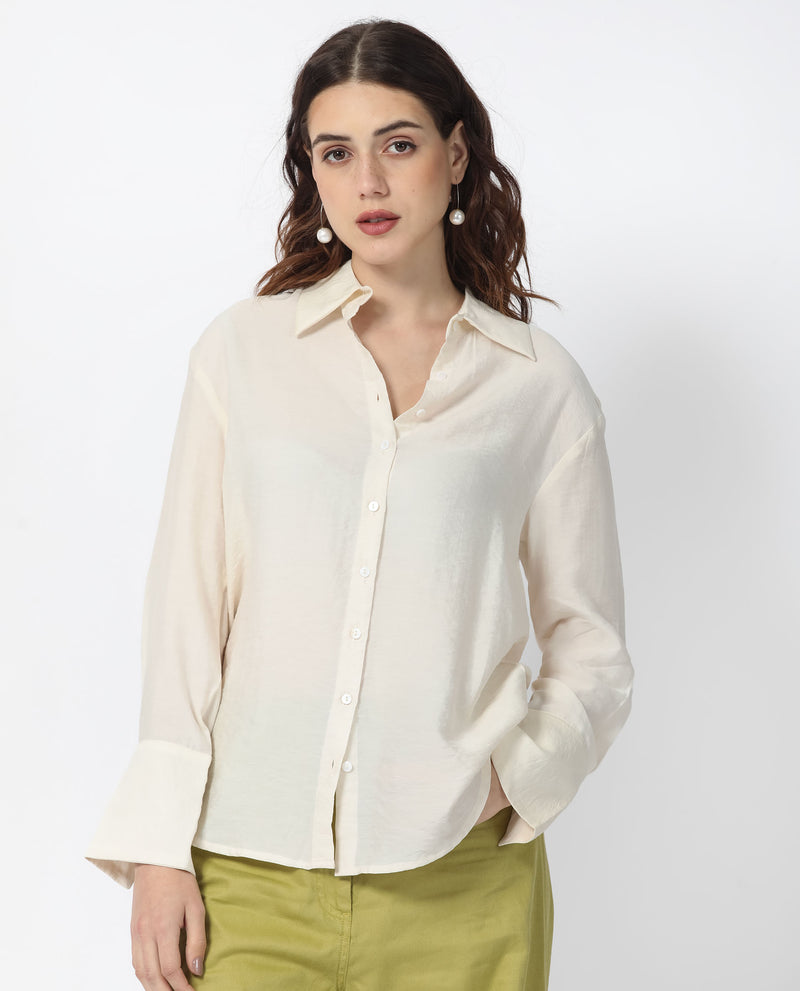 Rareism Women's Wiesen Light Beige Viscose Fabric Full Sleeves Button Closure Shirt Collar Slim Fit Plain Shirt