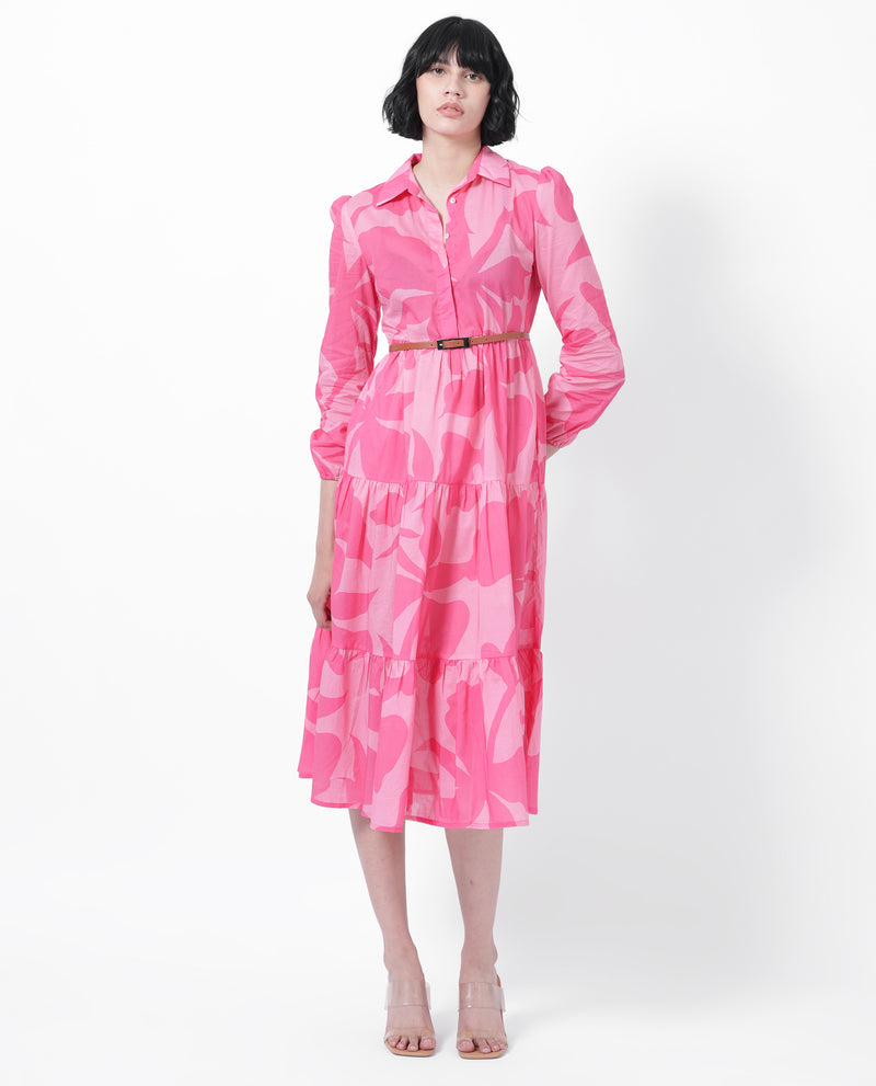 Rareism Women's Wilson Pink Abstract Print Shirt Collar Full Sleeves With Cuff And Pockets Midi Dress