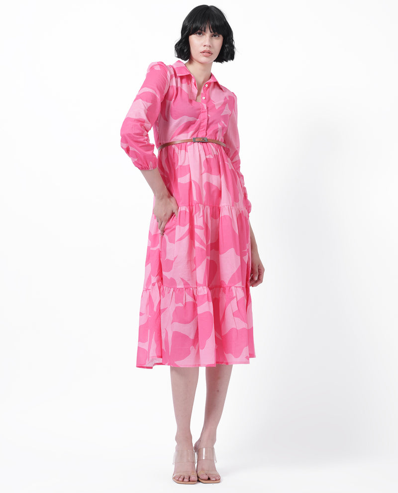 Rareism Women's Wilson Pink Abstract Print Shirt Collar Full Sleeves With Cuff And Pockets Midi Dress