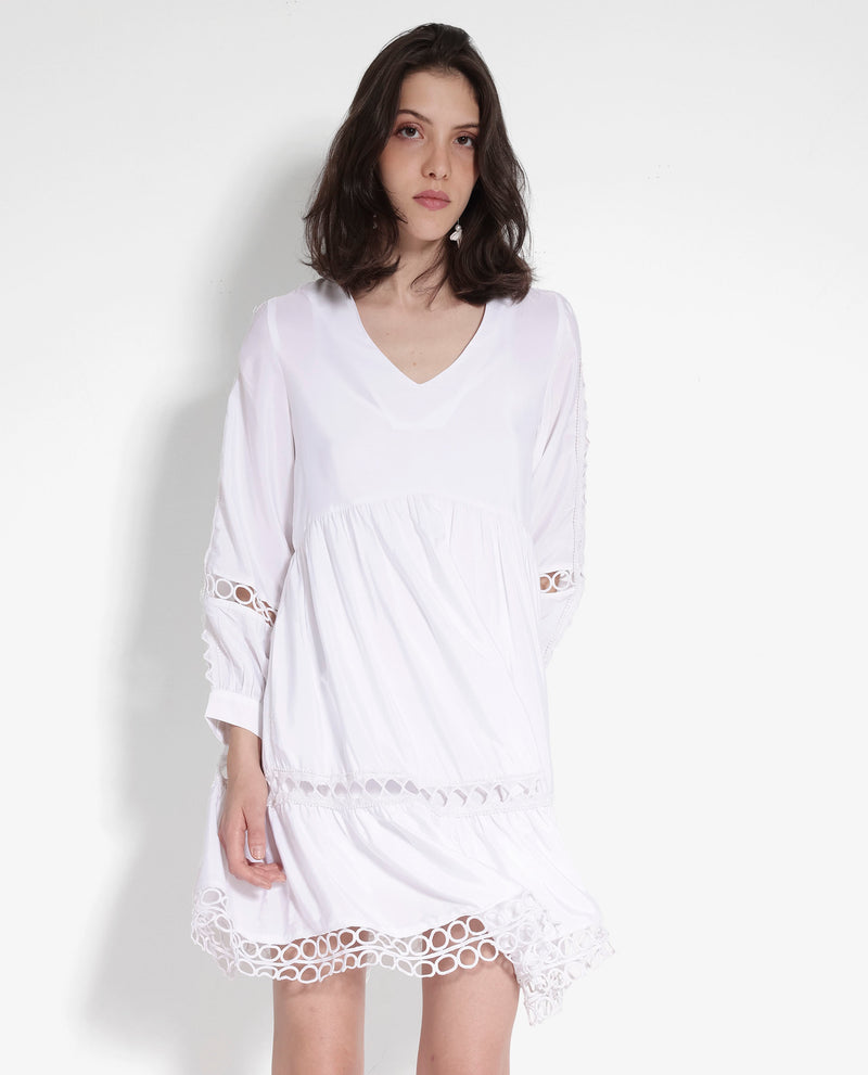 Rareism Women'S Wimbledon White Polyester Fabric Dyed Relaxed Fit Below Knee Length Dress