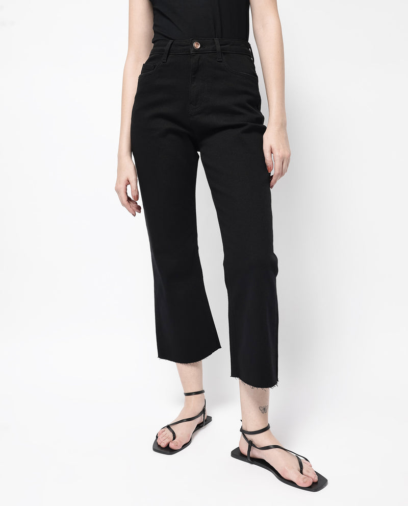 Rareism Women'S Winona Black Cotton Fabric Plain Crop Flare Jeans
