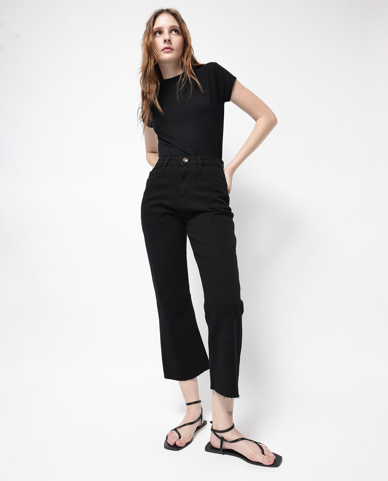 Rareism Women'S Winona Black Cotton Fabric Plain Crop Flare Jeans