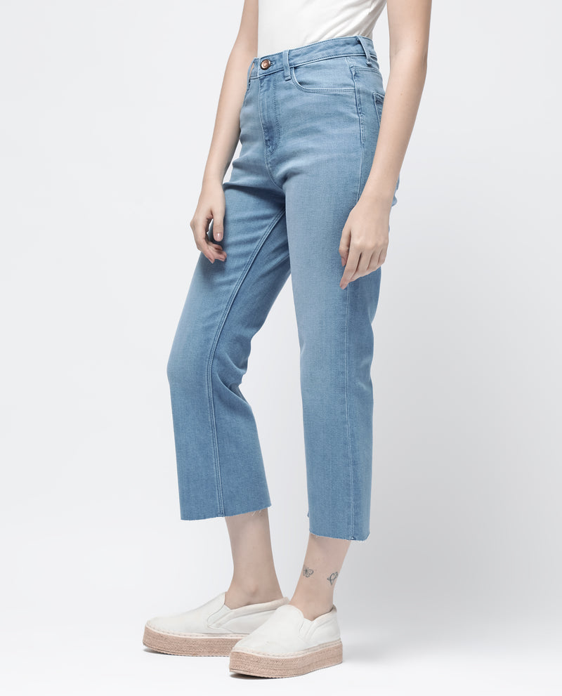 Rareism Women'S Winona Pastel Blue Cotton Fabric Plain Crop Flare Jeans