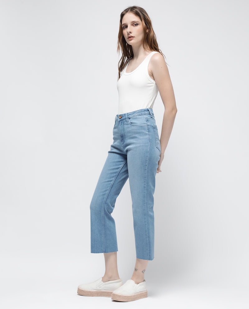 Rareism Women'S Winona Pastel Blue Cotton Fabric Plain Crop Flare Jeans